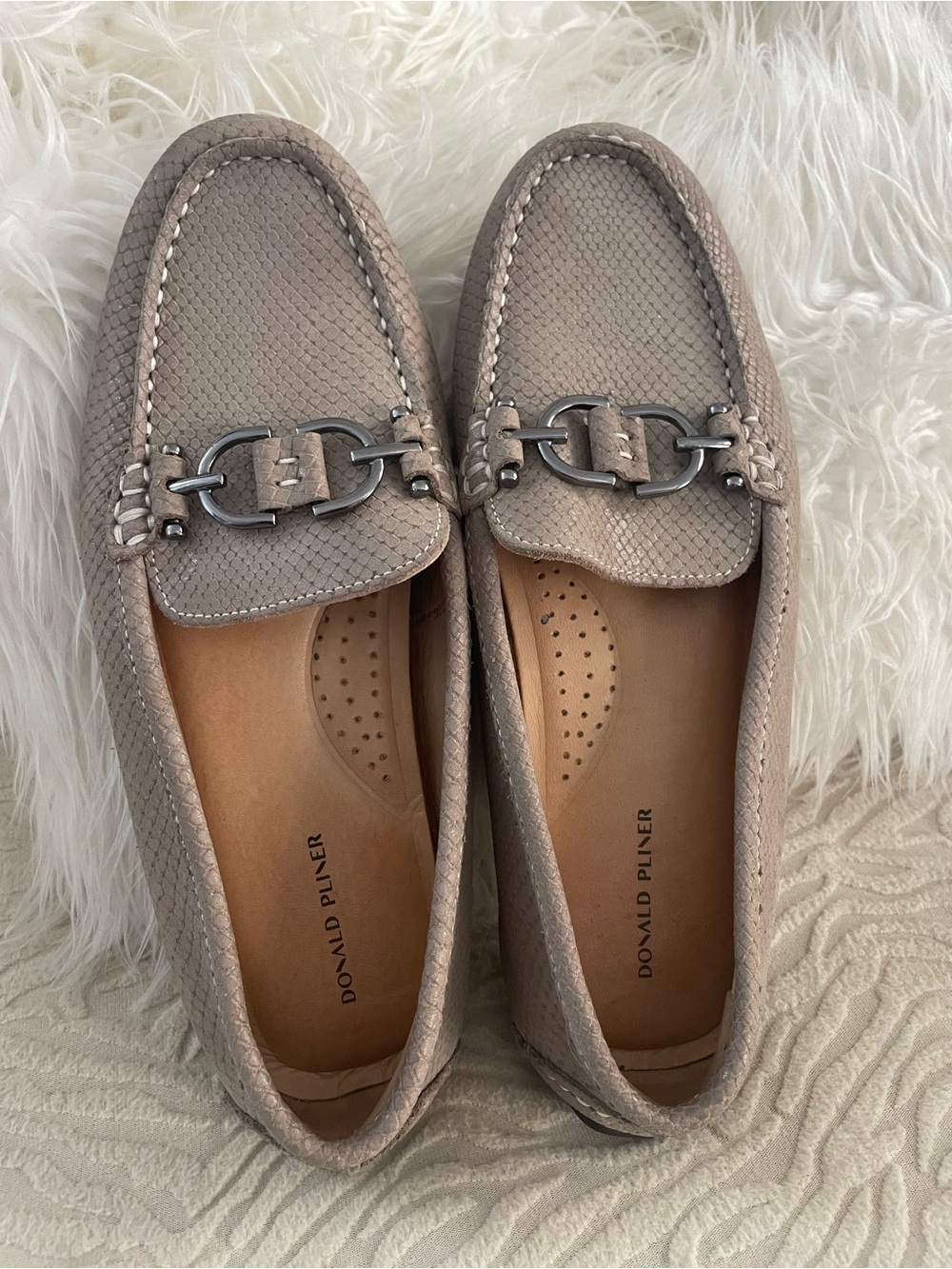 Donald J. Pliner Taupe Textured Leather Bit Loafers